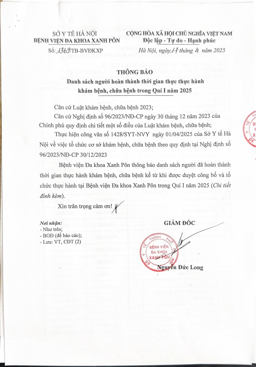 Danh sách học viên hoàn thành quá trình thực hành khám, chữa bệnh